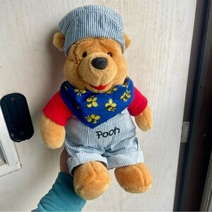 Vintage Disney Winnie The Pooh Conductor 14” with Bee bandana and overalls